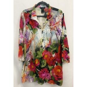 NWT Ali Miles Multicolor Floral Tunic Button Top Blouse Wire Collar Womens L